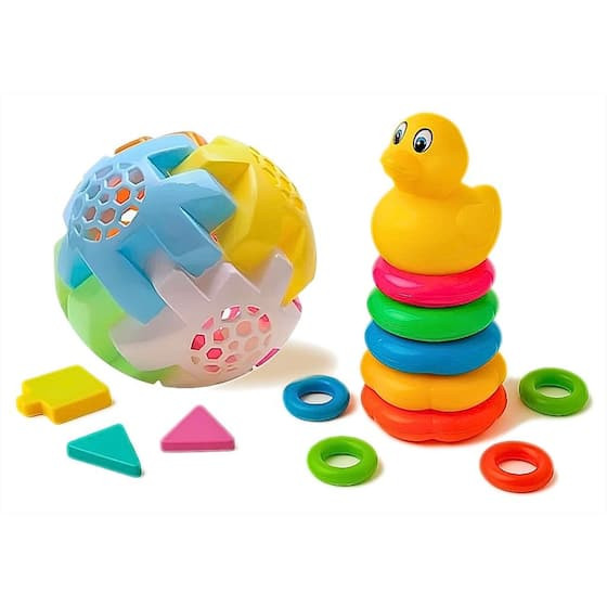 Imagem de Kit Brinquedos Educativos Bola Didática Peças para Encaixar e Patinho Blocos de Montar Quebra-Cabeça