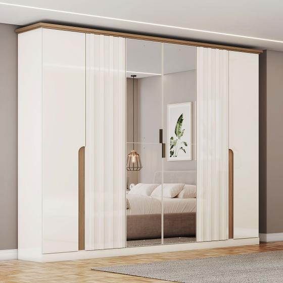 Imagem de Guarda-Roupa Casal Rio com Espelho 6 Portas 6 Gavetas Off White/Nature - Panorama Móveis