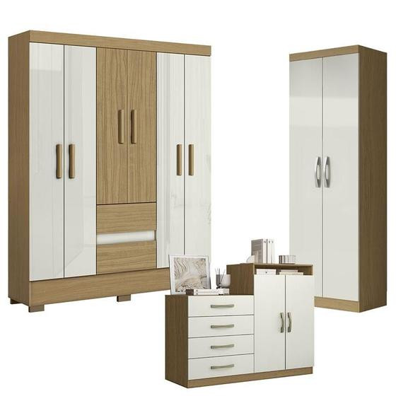 Imagem de Guarda Roupa Casal Coimbra 2005138 com Armário Multiuso New 2000192 e Cômoda Sapateira Londres Atacama Off White - Aramóveis