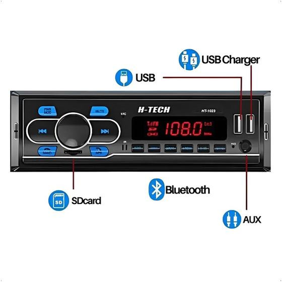 Imagem de Rádio Automotivo Para Carro 1Din Bluetooth FM SD 2 USB Bluetooth com Controle Remoto e Entrada Auxiliar HTech HT1023