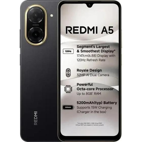 Imagem de Smartphone Celular Xiaomi Redmi A5, Dual SIM 4G, Tela 6,88, HD 120Hz, Câm. 32MP com IA, Bateria 5200mAh, Android 15 Go