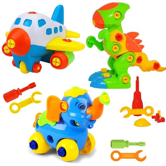 Imagem de Coleção 3 Brinquedos Infantil Didático Presente Crianças Avião Elefante e Dinossauro