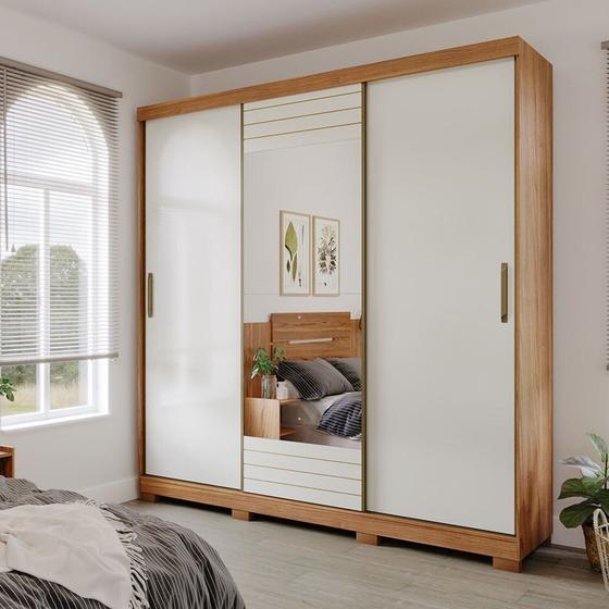 Imagem de Guarda-Roupa Casal 3 Portas de Correr com Espelho e Pés 199cm 100% MDF Roma Espresso Móveis