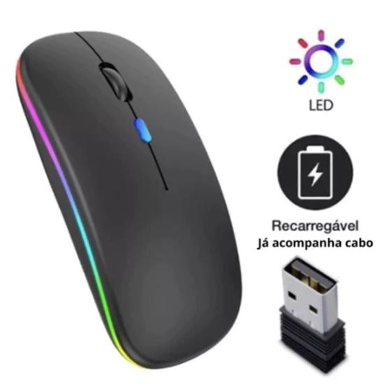 Mouse Sem Fio Wireless- Preto Com Bateria Interna Recarregavel 2,4 Ghz Led RGB, tablet notebook - Tw - Tws h6