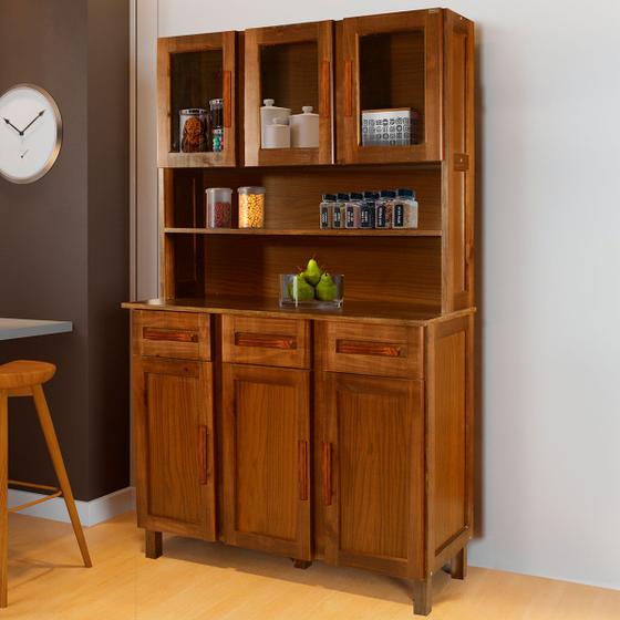 Armário de Cozinha Bergen Madeira Maciça 6 Portas 3 Gavetas com Vidro Ypê - Pnr Móveis