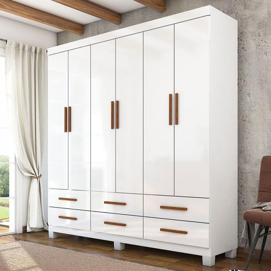 Guarda-Roupa Solteiro Aria 6 Portas 6 Gavetas com Pés Branco - Pnr Móveis