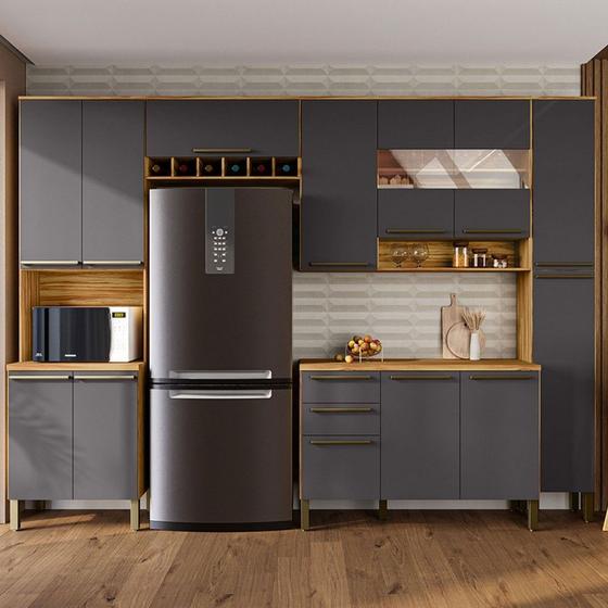 Armário de Cozinha Modulada com Balcão e Tampo 13 Portas 2 Gavetas Xangai 100% Mdf com Vidro Reflecta Amêndoa/Chumbo - Pnr Móveis