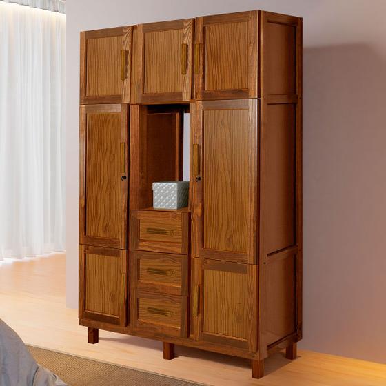 Guarda-Roupa Solteiro Belém Madeira Maciça 7 Portas 3 Gavetas 4 Prateleiras com Espelho Ypê - Pnr Móveis