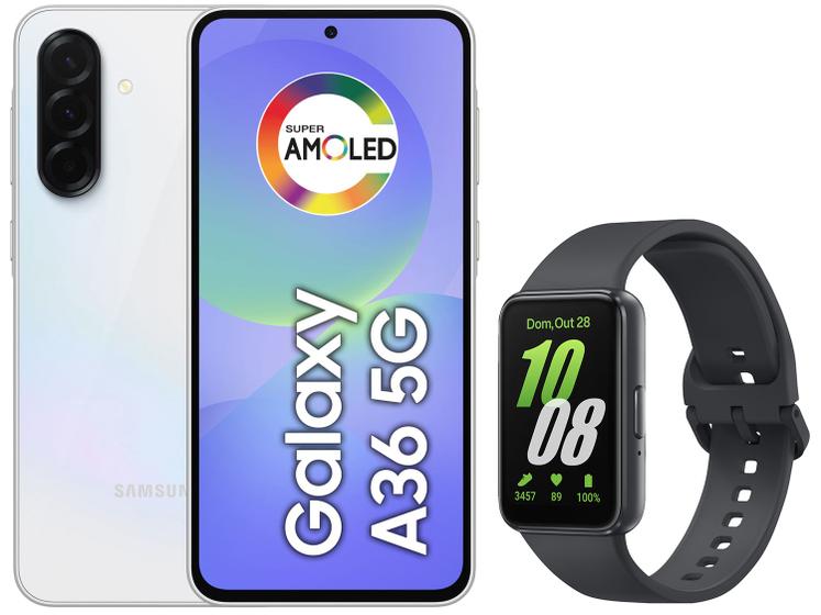 Smartphone Samsung Galaxy A36 128GB 5G 6GB RAM - Branco + Smartband Samsung Galaxy Fit3 Grafite