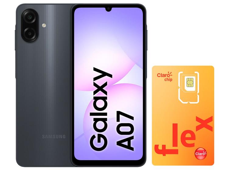 Smartphone Samsung A07 128GB Preto + Chip - Claro Flex Cobertura Nacional