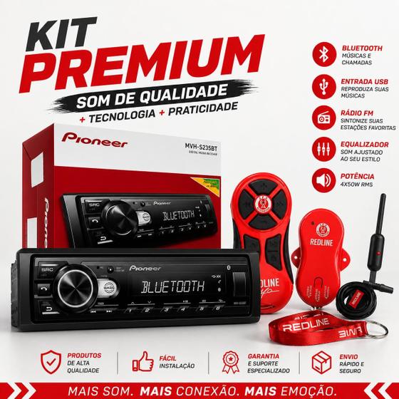 Rádio Automotivo Pioneer Com Antena Interna Mvh235bt Aparelho Pioneer Para Som Automotivo Bluetooth mais Controle Longa Distância JFA Red Line