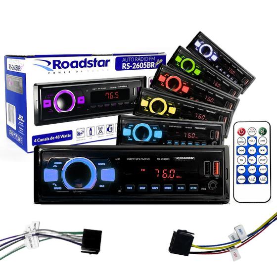 Auto Rádio FM MP3 1Din Bluetooth USB Carrega Celular 7 Cores Led Som Para Carro Automotivo 4 canais - ROADSTAR