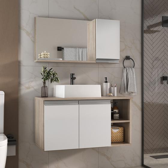 Armario gabinete banheiro 80cm + cuba soprepor + espelheira com puxador aluminio madeirado/branco - MOVEIS JOIA