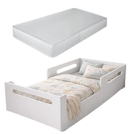 Cama Montessoriana Infantil Solteiro Branca com Proteção Segura E Colchão - Gentil Moveis