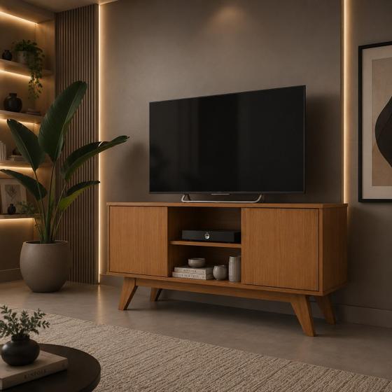 Rack Para TV 50 Pol. Turim Pés em Madeira, Nichos e 2 Portas Envio Rápido - Dullar Móveis