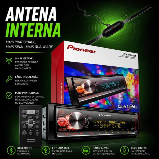 Rádio Automotivo Pioneer Mvhx3000bt Mais Antena Interna AM FM Auto Rádio Usb Som Automotivo Bluetooth Com Controle