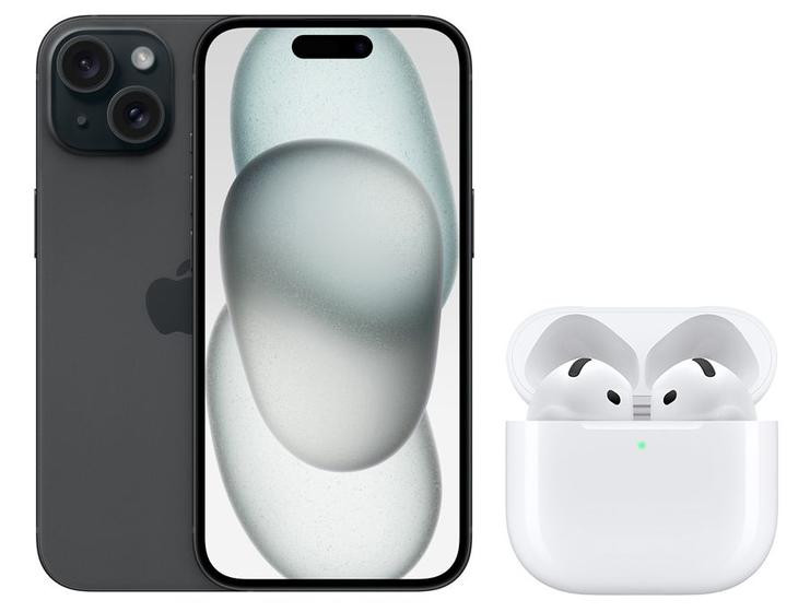 Smartphone Apple iPhone 15 128GB Preto - 5G + Fone de Ouvido Bluetooth Apple AirPods 4