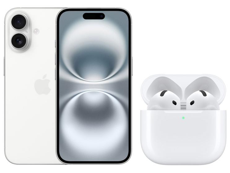 Smartphone Apple iPhone 16 128GB Branco - 5G + Fone de Ouvido Bluetooth Apple AirPods 4
