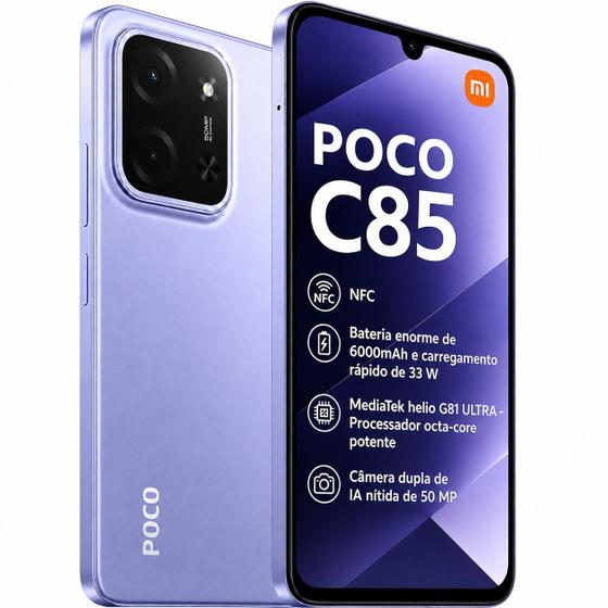 Xiaomi POCO C85 ROXO 4G com NFC 8GB RAM 256GB ROM Bateria 6000 mAh e Tela 6,9 120Hz