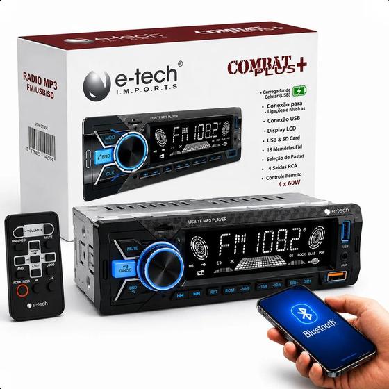 Som pra carro Aparelho 1 din Mp3 Player Radio automotivo Etech Combat Controle Bluetooth usb carrega - E-Tech Imports