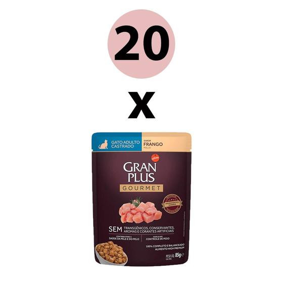 KIT 20 Ração Úmida Gran Plus Gourmet Gatos Adultos Castrado Frango Sachê 85g - Granplus