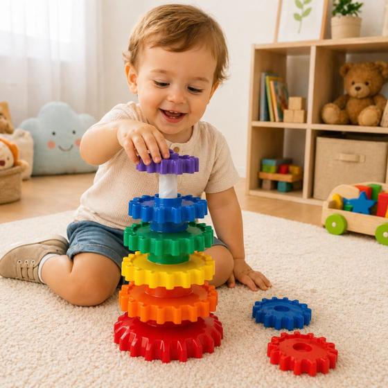Brinquedo Giro Magico Sensorial Educativo Colorido 12 meses Gira Torre Engrenagem - Dismat