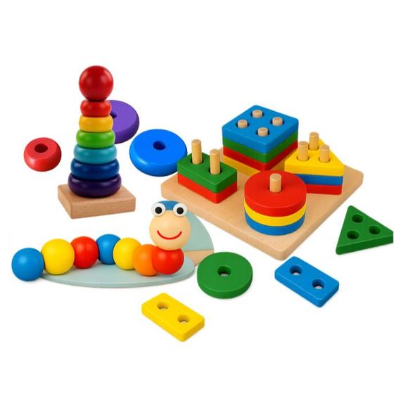 Brinquedo Educativo Montessori de Madeira Didático Sensorial Formas e Cores Empilháveis para Bebê - GoalKids