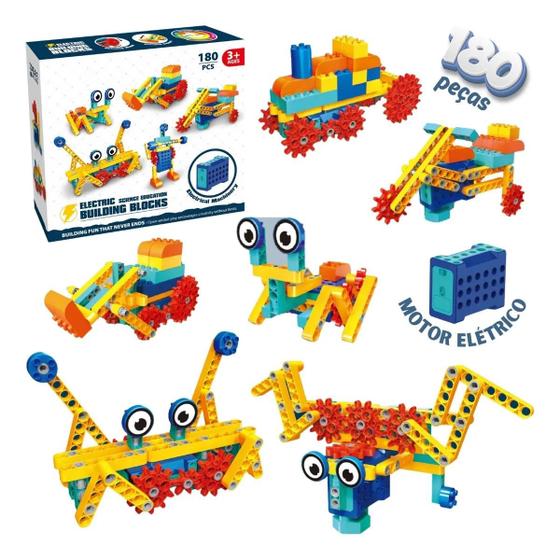 Brinquedo de Montar com Motor Elétrico 180 peças, Kit Robótica com Engrenagens Fansikds, Criativo, Educativo e Devertido - Fansikids
