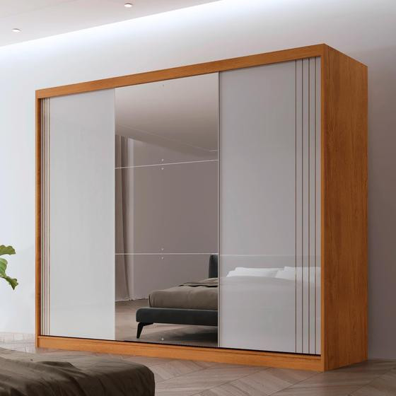 Guarda Roupa Casal Connor MDF 3 Portas e 6 Cabideiros com Espelho Moderna Mobília