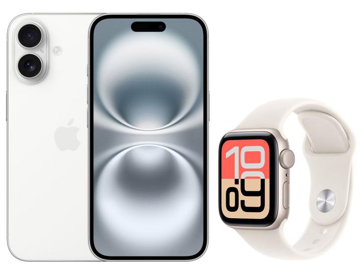Smartphone Apple iPhone 16 128GB Branco - 5G + Smartwatch Apple Watch SE 3 40mm Estelar