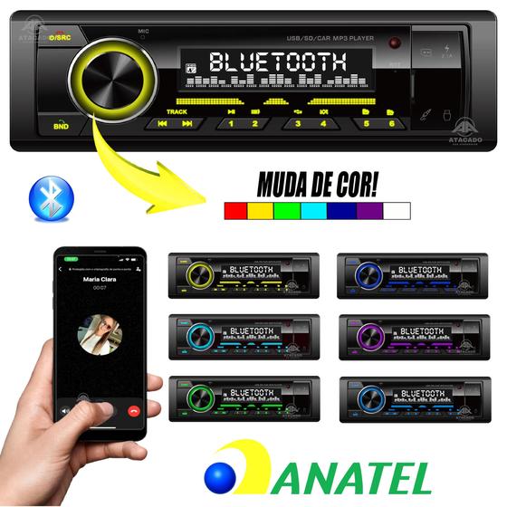 Imagem de Rádio Auto Som Automotivo Aparelho MP3 p/ Carro Entrada USB SD Aux Bluetooth HT-1400