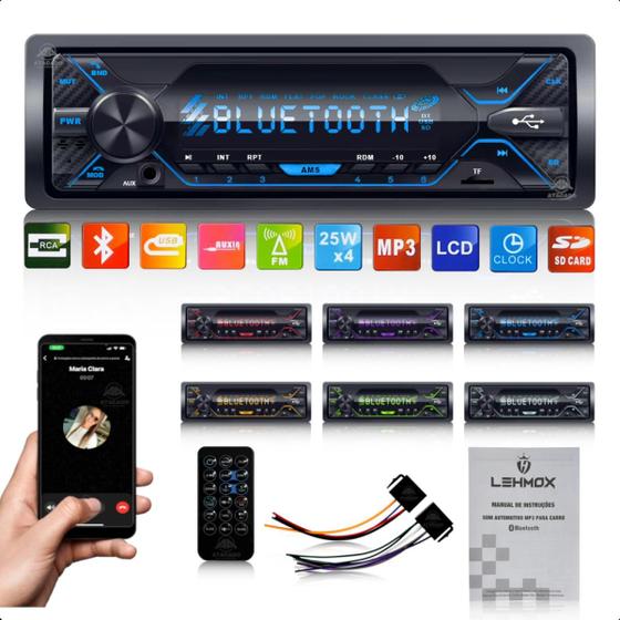 Imagem de Som automotivo Radio mp3 bluetooth LEY-1852A Aparelho Auto Radio 7 Cores Fm muda de cor