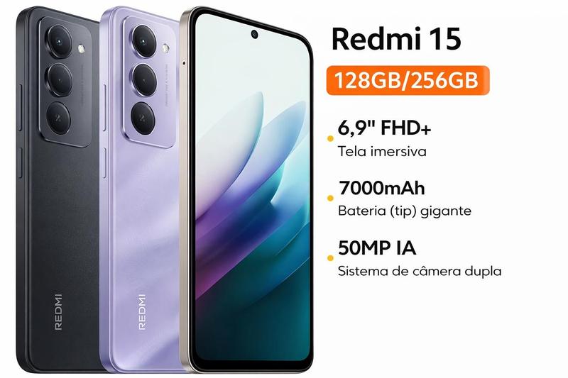 Xiaomi Redmi 15 Lançamento 2025 Tela 144Hz 50MP camera IA integrada 7000mAh Smartphone Top 1º Celular Custo benefício