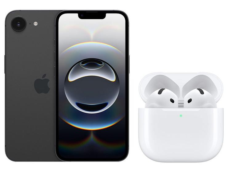 Smartphone Apple iPhone 16e 128GB Preto - 5G + Fone de Ouvido Bluetooth Apple AirPods 4