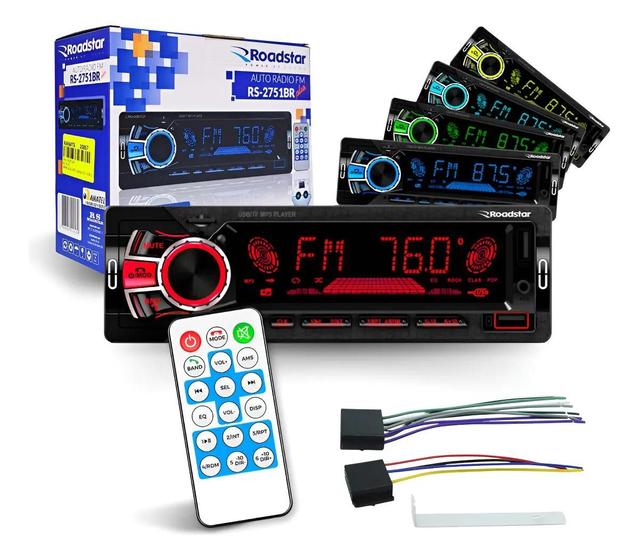 Rádio Automotivo Roadstar RS2751BR Bluetooth USB FM MicroSD AUX Controle Remoto Iluminação RGB Som Universal
